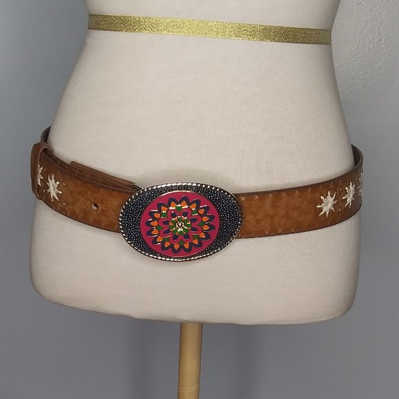 Boho hippie  leather belt with snap in colorful metal buckle size SM 32 inches main image 14
